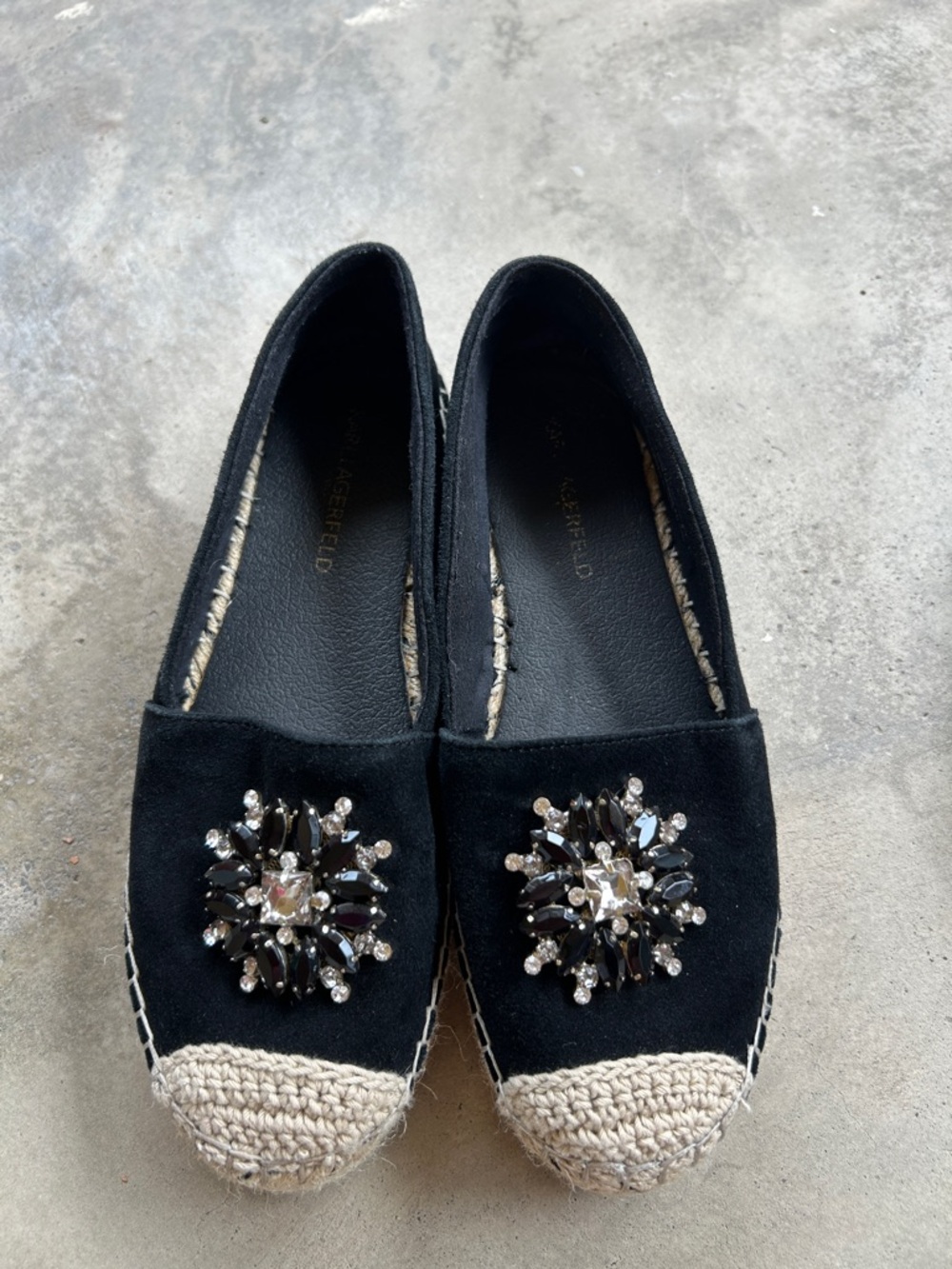 Karl Lagerfeld Black Jeweled Espadrille Slip-Ons
